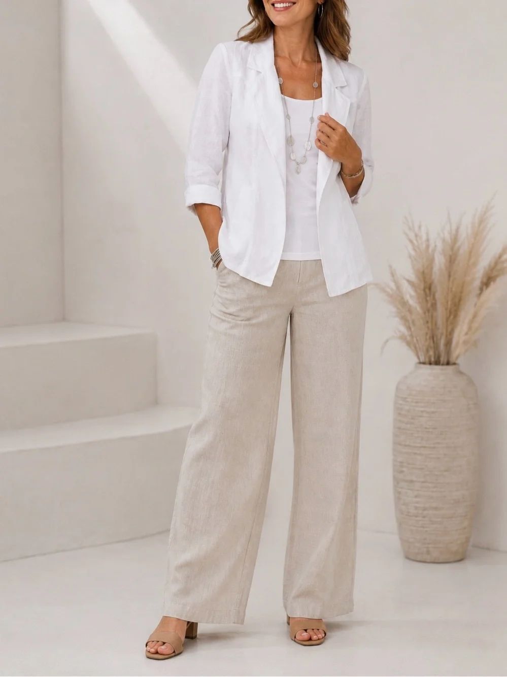Chicos Linen White Two Button Blazer Jacket Size 1 M Business Office Old Many